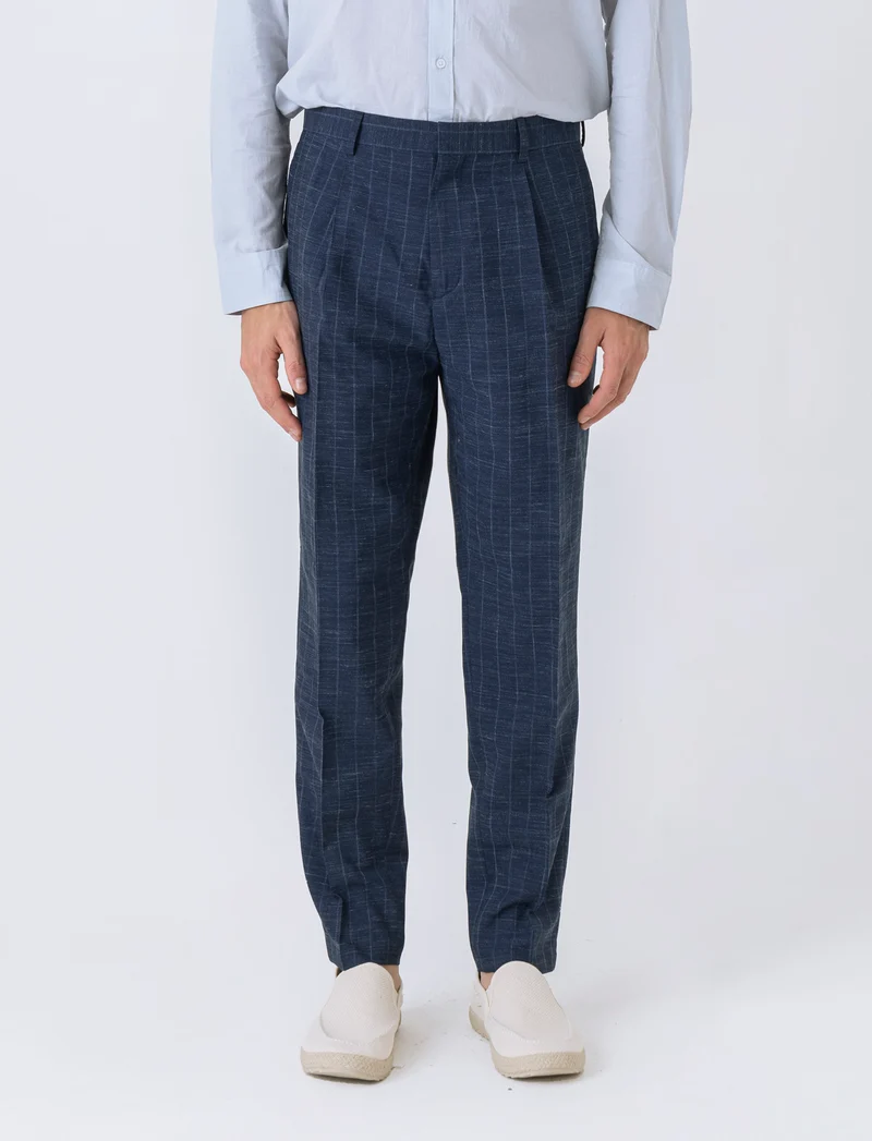Pantaloni da completo gessato effetto slub da uomo - Blu melange