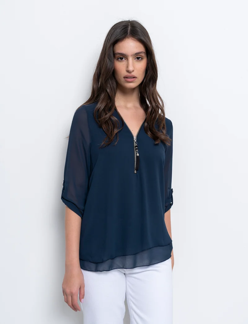 Casacca manica 3/4 con bottone e zip sul davanti. - Blu
